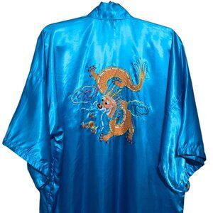 Vintage Blue Satin 5-Claw Dragon Embroidered Kimono Robe Pockets For Men Women